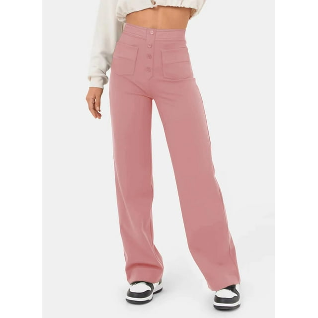 Pantalones rectos casuales de moda europea y americana para mujer, cintura alta, botones, banda elástica, múltiples bolsillos