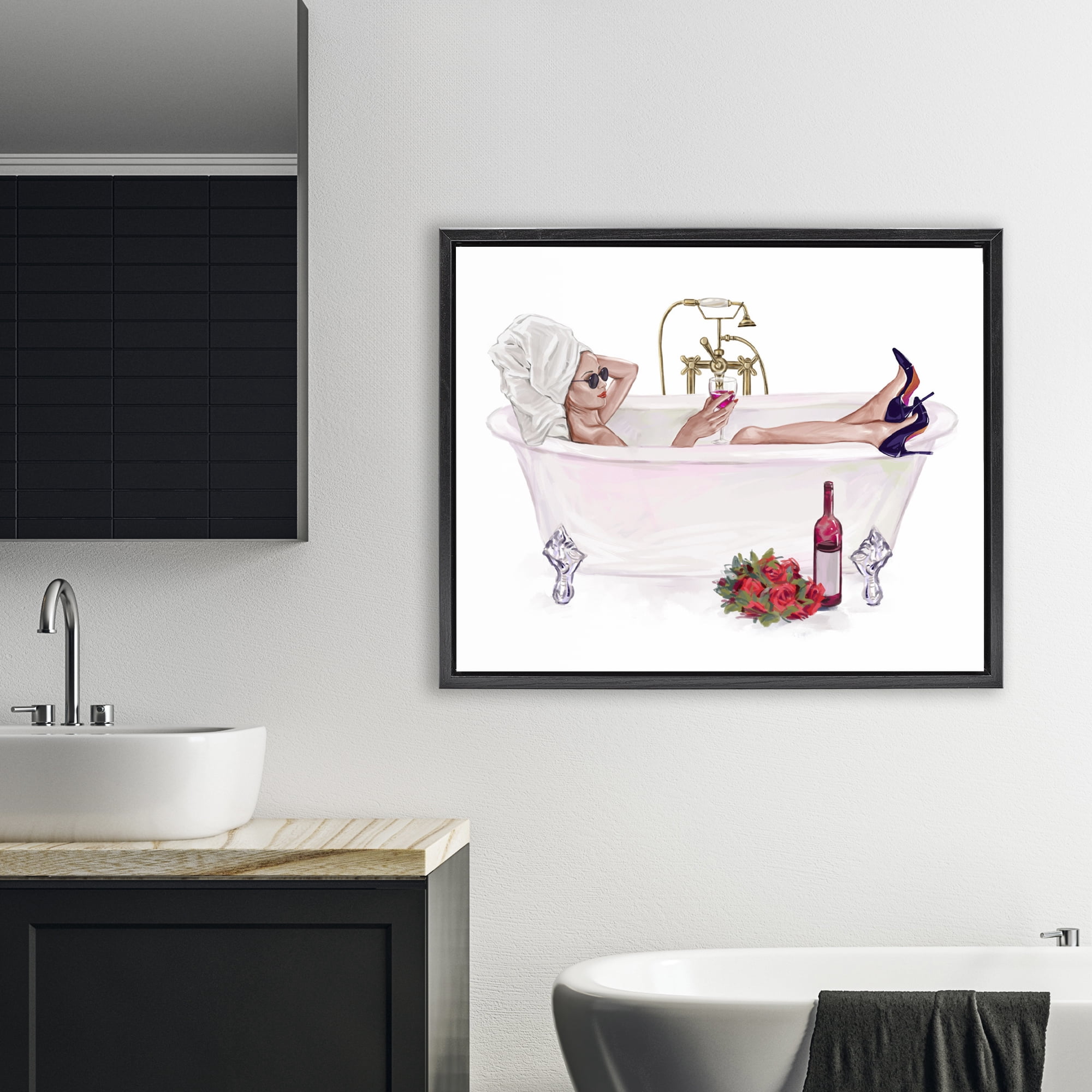 Woman with Wine Bath Black Framed Floater Canvas Wall Art, design by Ziwei Li