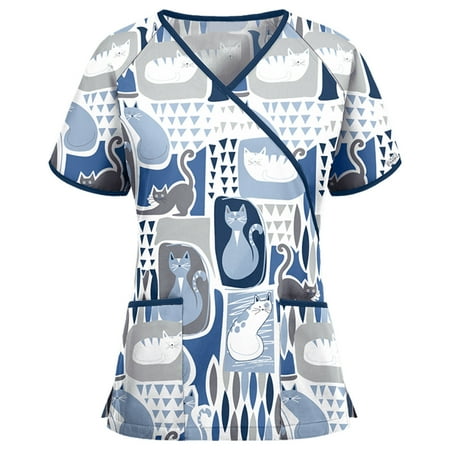 

EKOUSN Digital Print Stretch Scrubs Top - Pandamed Notch Neck Women Stretch Top Positioning Printing Top(Green S)