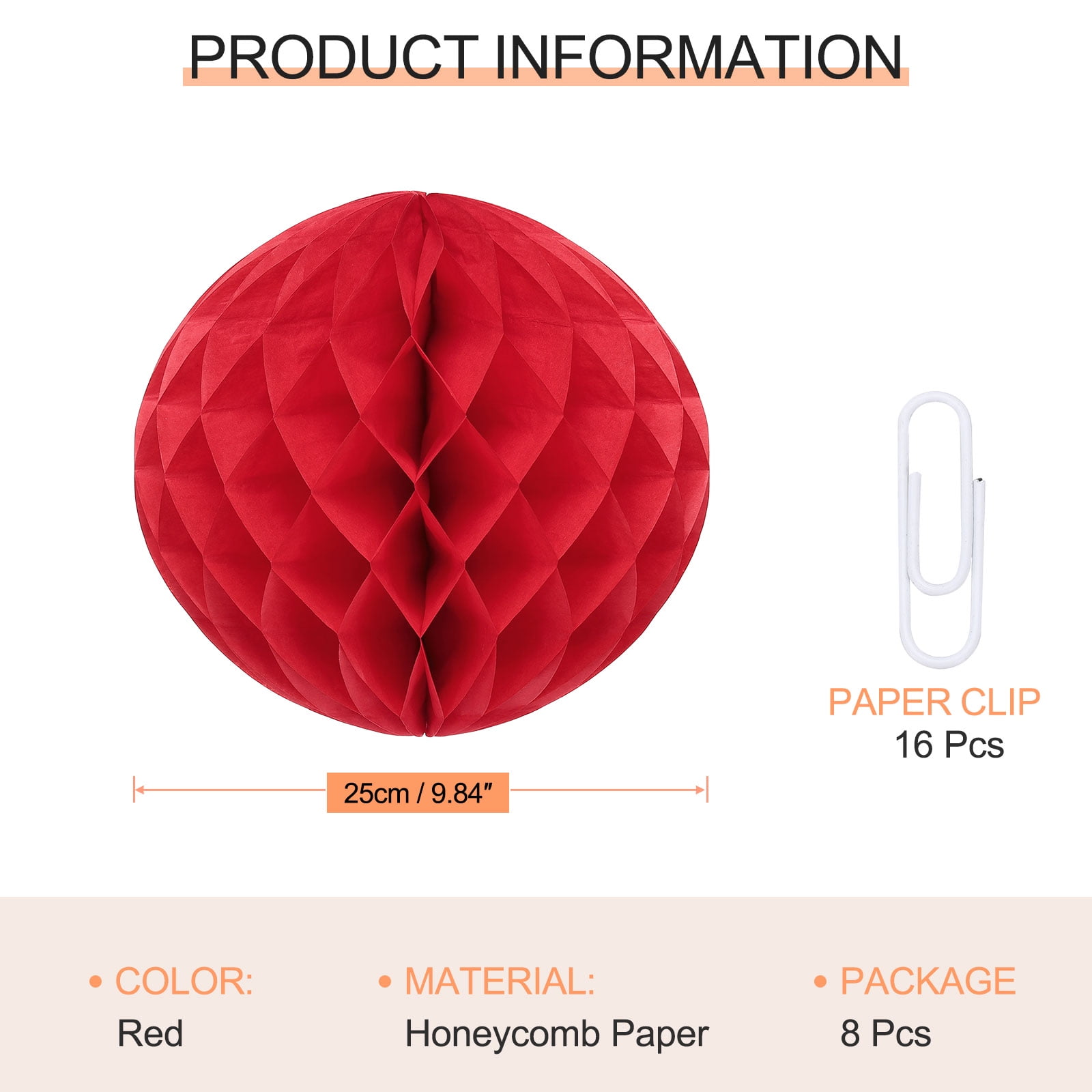 Uxcell 8 Pcs Honeycomb Balls, 10" Dia Honeycomb Flower Paper Pom Poms Paper Flowers Crafts for DIY Crafting Home Decor Birthday Christmas Party, Red