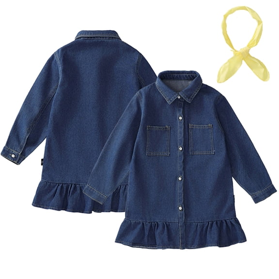 QUDDERR 1-7Y Girls Denim Jean Dresses Long Sleeve Dresses Ruffled Button Shirt Dress for Kids Toddler Baby