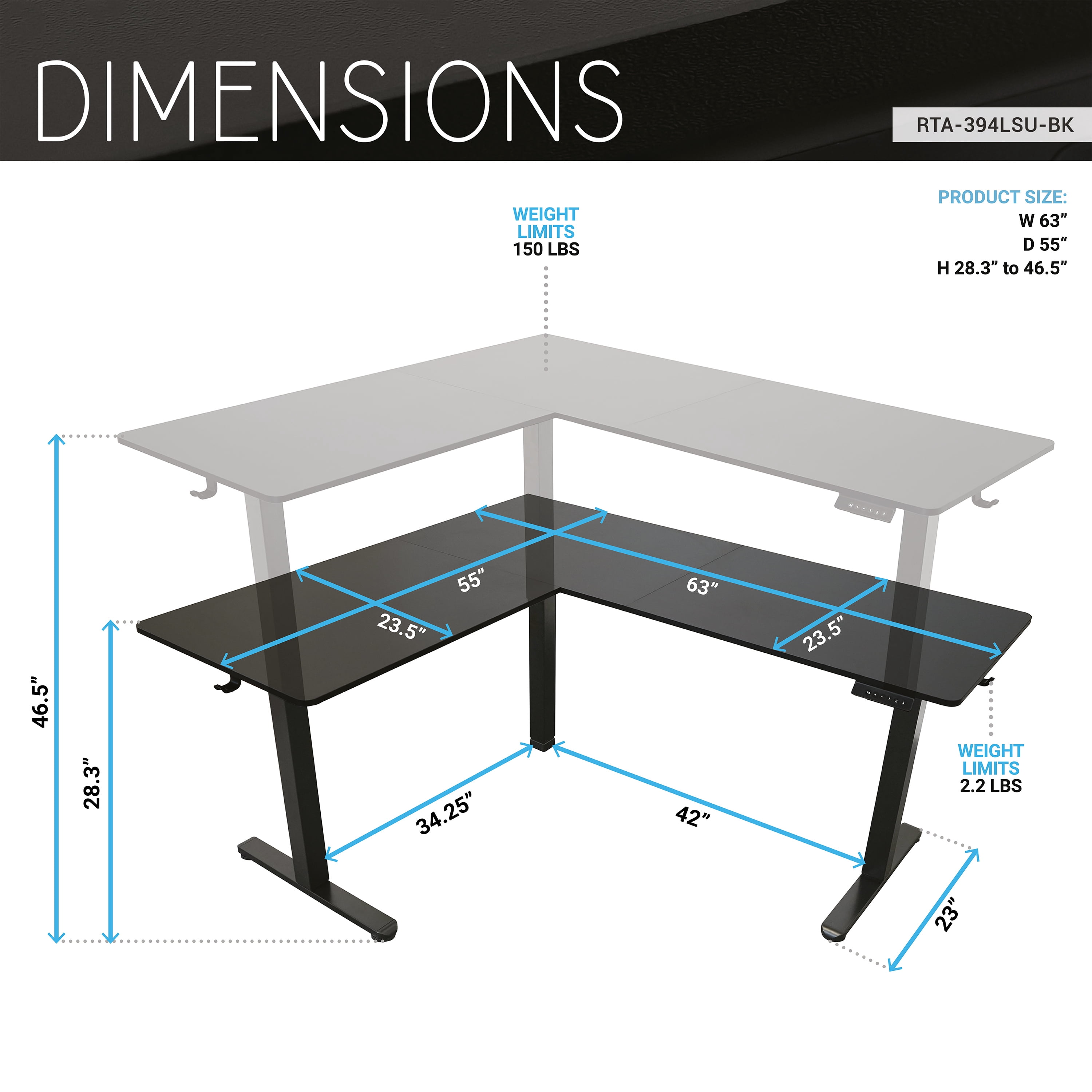 Techni Mobili 63” W L-Shaped Electric Standing Desk with Spacious Desktop, 3 Memory Height Presets and 2 Accessory Hooks, Black