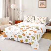 Manfei Teens Autumn Leaf Twin Sheet Sets, Farmhouse Plant Botanical Twin Fitted Sheet, Vintage Fashion Style Flat Sheet, Breathable Home Decor, 3 Pieces