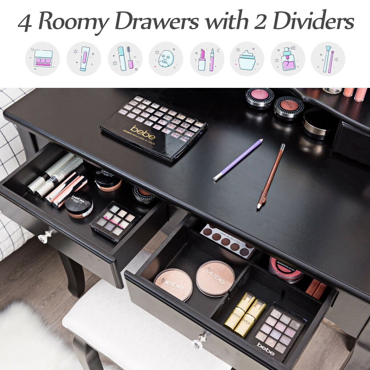 Gymax Bedroom Tri Folding Mirror Vanity Makeup Table Stool