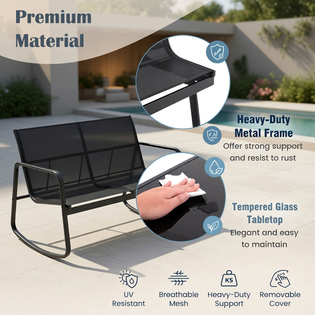 Hommoo 4-Piece Metal Patio Rocking Set with Tempered Glass Coffee Table, Outdoor Rocking Chairs & Loveseat for Backyard, Poolside & Balcony, Black