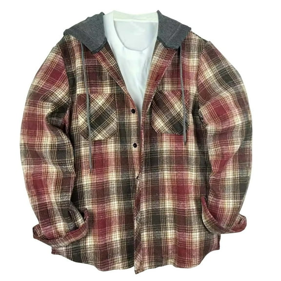 Felirenzacia Men’s Long Sleeve Flannel Shirt Jacket with Hood, Berber Lined Polyfill Insulated Plaid Outerwear Warm