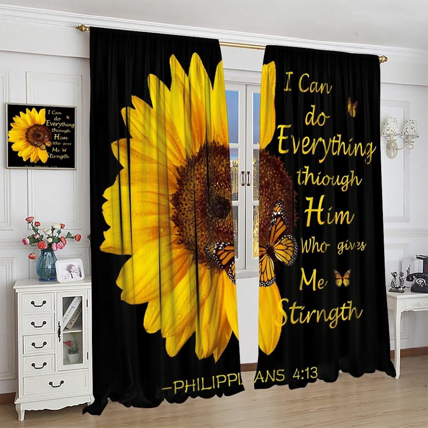 Sunflower Blackout Curtains for Kitchen,Black Pithy Rustic Sunshine Beautiful Wonderful Sunflower Plant Flower Butterfly Window Drapes Print for Kids Girls Bedroom Living Room Bathroom 42x54in