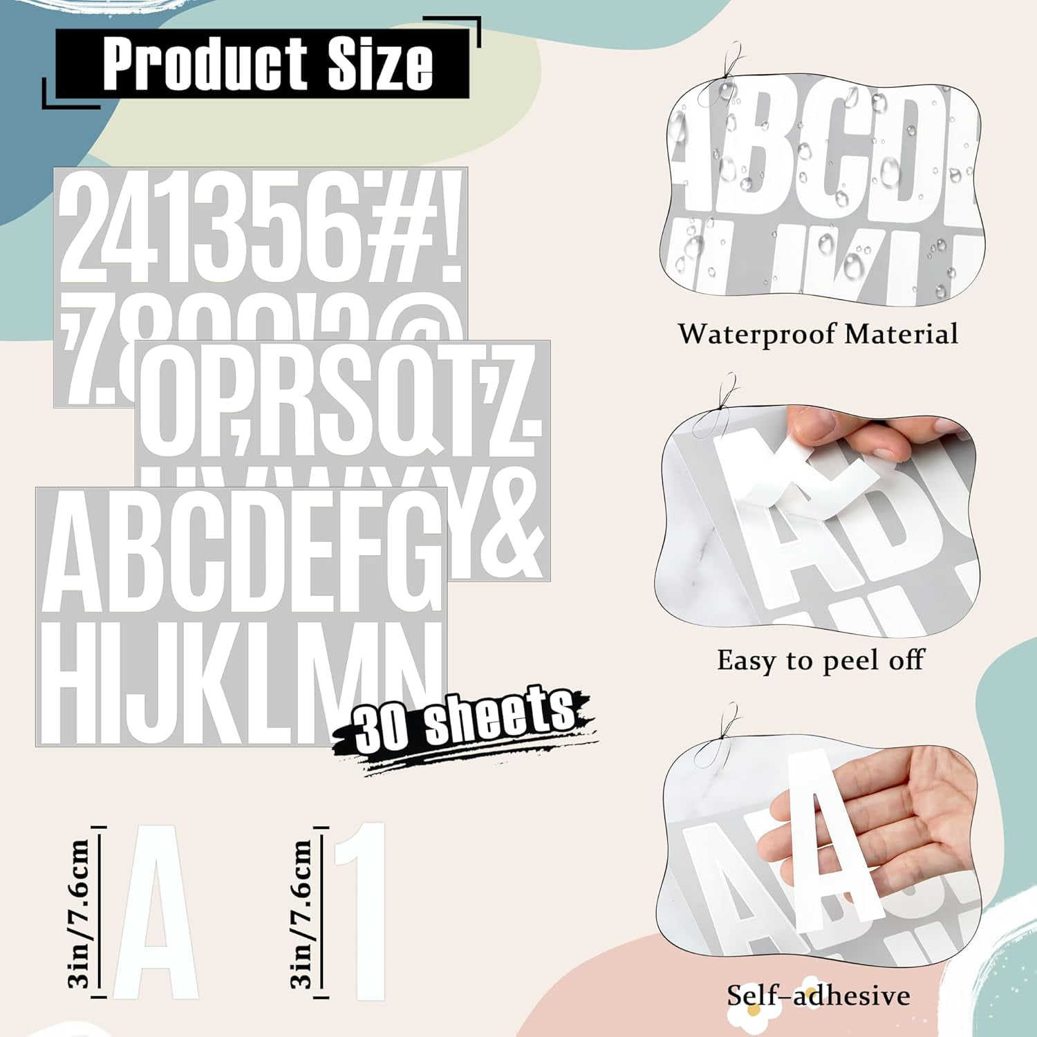 520 PCS Letter Stickers 30 Sheet Large Mailbox Numbers and Letters,Self-Adhesive Vinyl Waterproof Alphabet Stickers for Mailbox Window Door Sign Car Poster Bulletin Board Classroom Decor(White,3 Inch