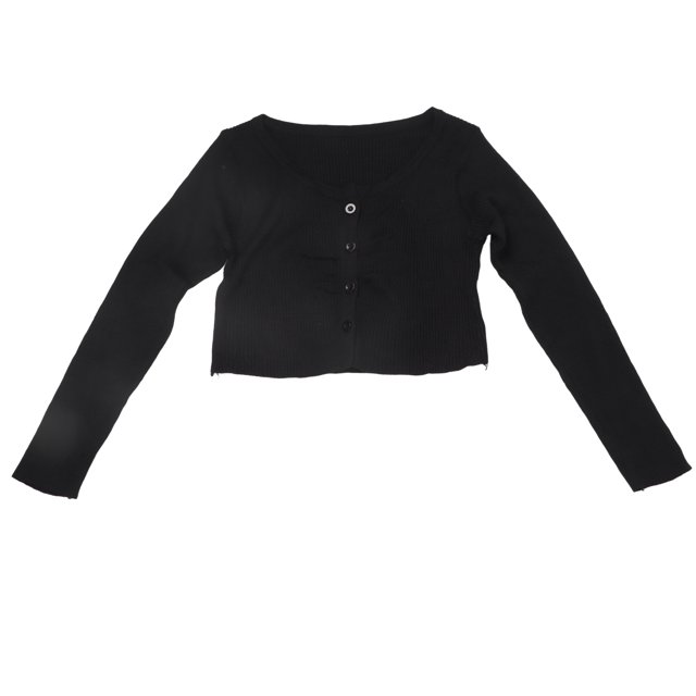 Camiseta de punto de canalé con botones y cuello redondo de manga larga ajustada para mujer, color negro, talla única