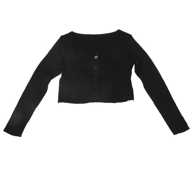Camiseta de punto de canalé con botones y cuello redondo de manga larga ajustada para mujer, color negro, talla única