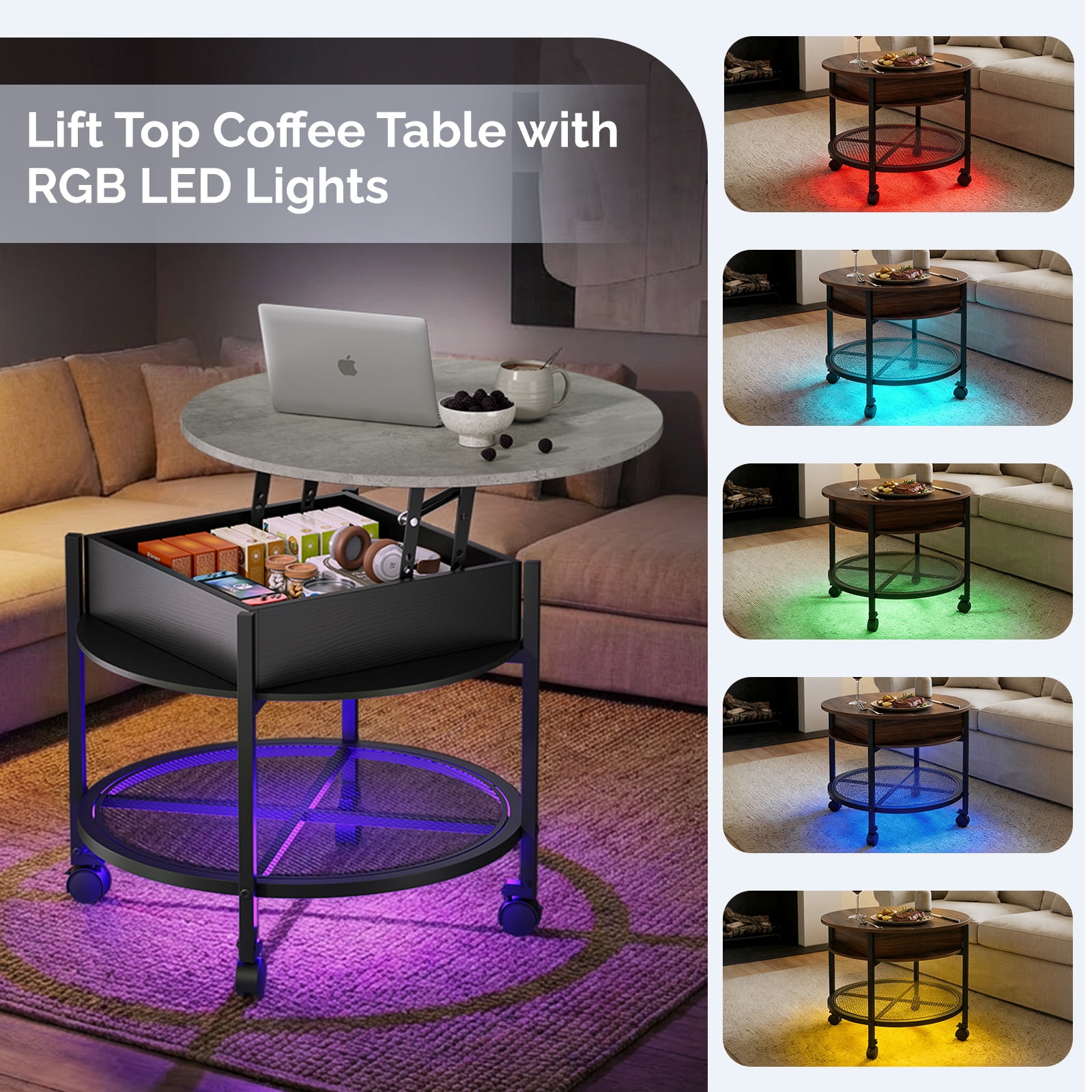Ktaxon Mid-Century Coffe Table with Lift Top, 26.7" Round Coffee Table with Storage and Rolling Wheels, Modern Center Table for Small Spaces, Retro Gray