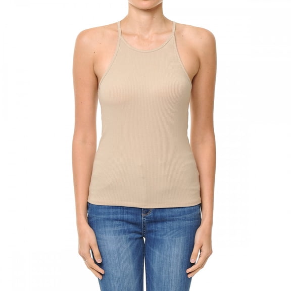 ShezPretty Women's High Halter Neck Ribbed Halter Racerback Tank Top (Medium, DESERT)