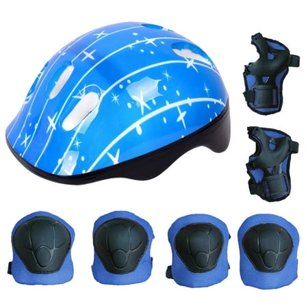 Skate Protective Gear Justdolife 7PCS Kids Protective Gear Adjustable Skate Helmet with Knee Pads Elbow Pads Wrist Pads for Skateboarding Cycling (Blue) ()
