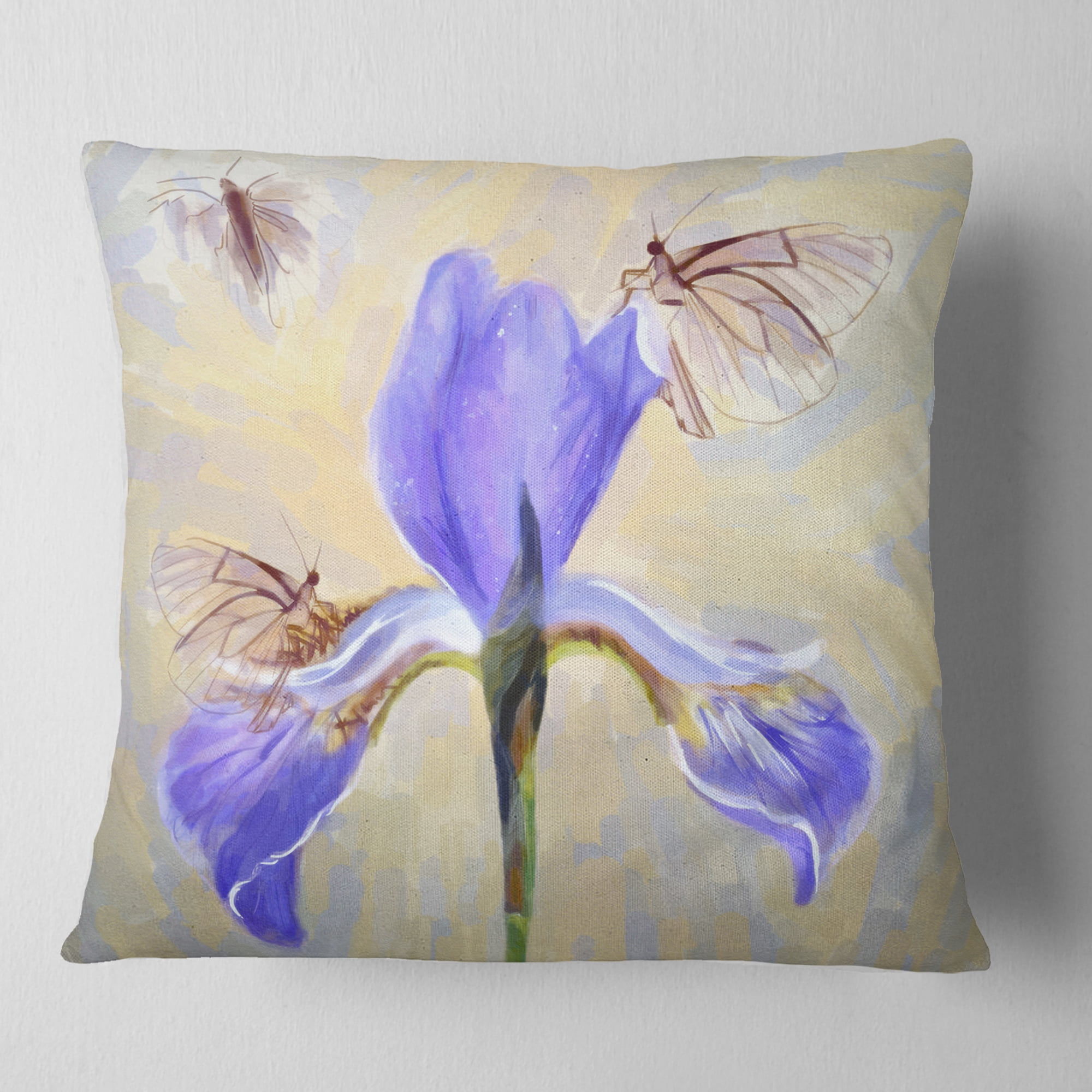 Designart Blue Flower with Butterflies Sketch - Floral Throw Pillow - 16x16