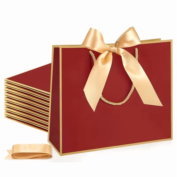 10 Burgundy Gift Bags with Handles and Bow Ribbons - Perfect for Weddings, Birthdays, and Holiday Celebrations