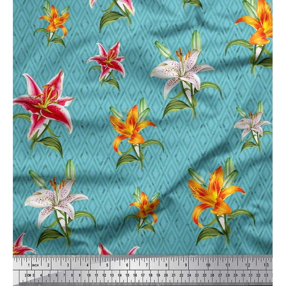 Soimoi Blue Cotton Duck Fabric Diamond & Lily Floral Print Fabric by the Yard 42 Inch Wide