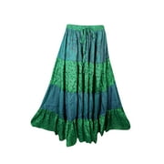 Mogul Womens Maxi Skirt Tiered Green Printed Indian Sari Long Skirts
