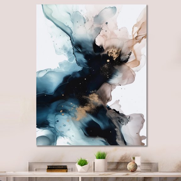 DESIGN ART Designart "Blue And Black Fluid Stone I" Abstract Marble Wall Decor 16 in. wide x 32 in. high
