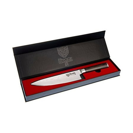 Okami 8 Inch Chef's Knife, Top Japanese Damascus Kitchen Steel, Edge Guard, Ideal for Slicing Sushi & Sashimi, Cutting, Chopping, Mincing Meat Tomato, Fish, Best Cutlery Gift for Stylish & Sharp (Best Steel For Damascus Knives)