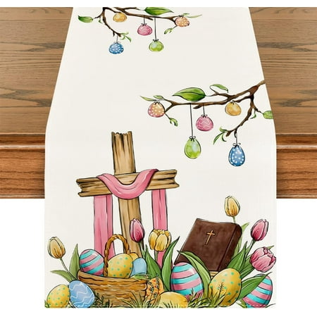 

Happy Easter Table Runner He is Risen Table Cover Watercolor Religious Jesus Decor Easter Decorations and Supplies for Home Party