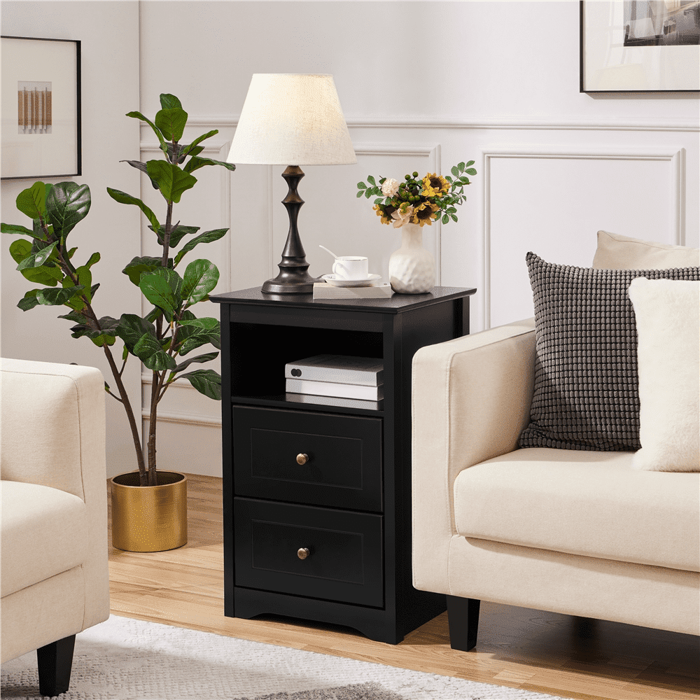 Yaheetech Nightstands with 2 Drawers & Open Shelf, Wooden Bedside Tables for Bedroom,Set of 2, Black