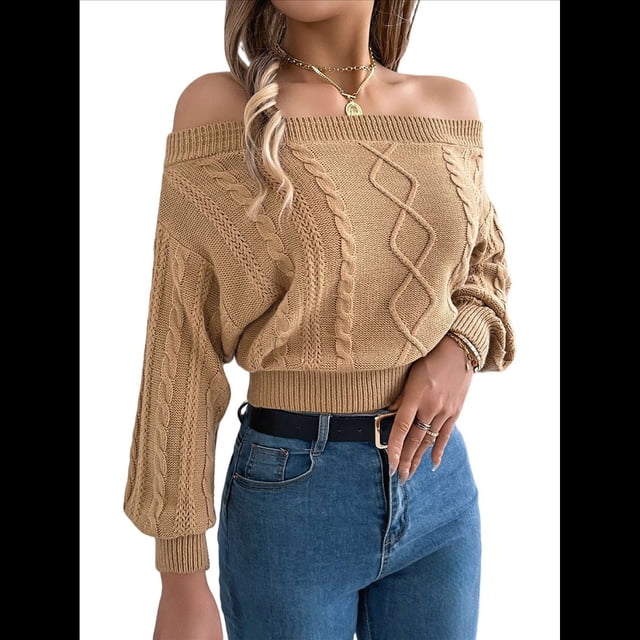 Suéter de Mujer con Hombros Descubiertos, Jersey de Punto con Cable Liso, Top Informal de Larga, Suéteres Cortos Caqui XL