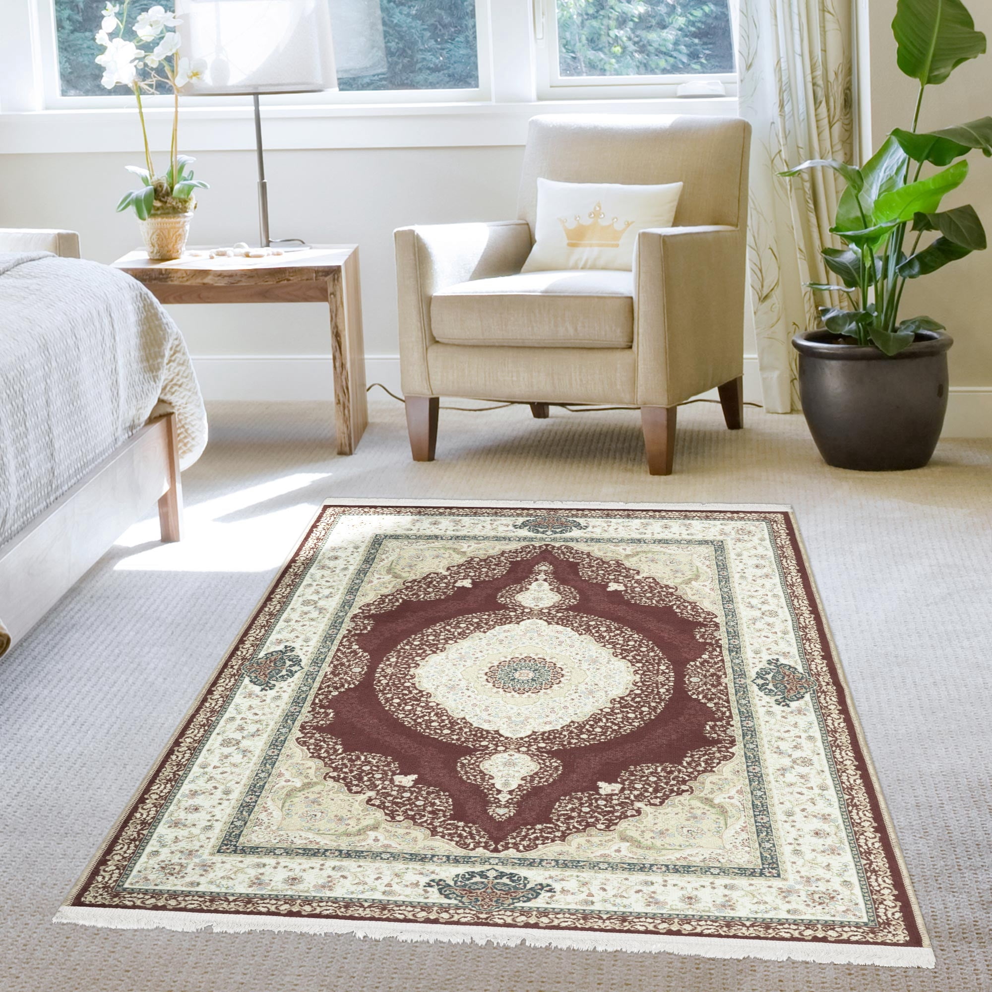 Ottomanson Machine Washable Cotton 4x6 Flatweave Area Rug for Living Room, 4' x 6', Bordeaux Medallion