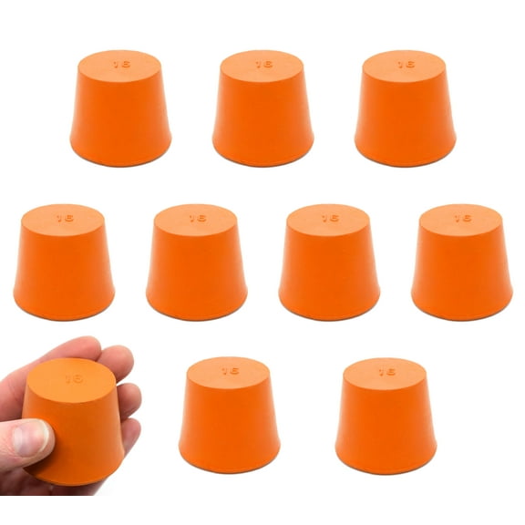 Rubber Stopper, Solid - Orange - Pack of 10 - Size: 35mm Bottom, 28mm Top, 36mm Length - Resistant to Acid, Alkali and Ammonia - Eisco Labs
