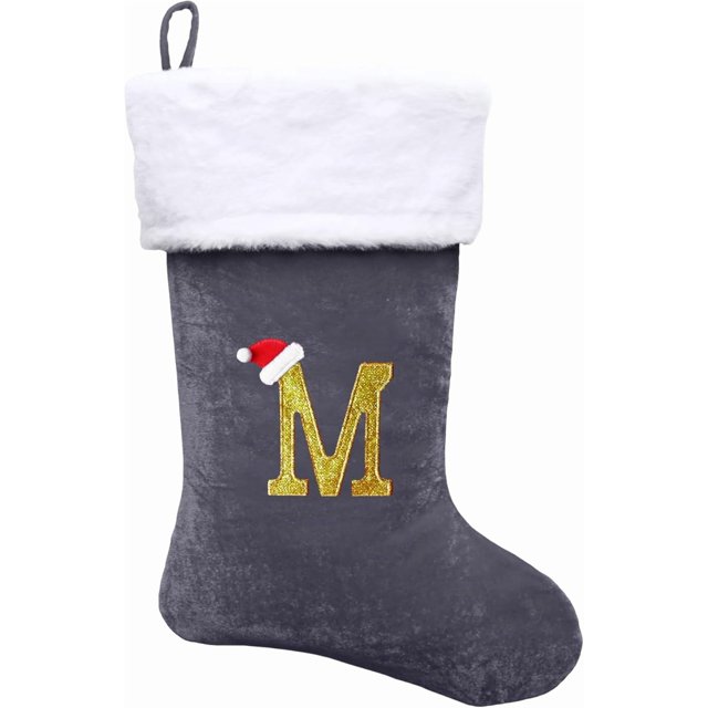 Dbfengbilian 21 Inches Christmas Stockings with Customizable Letters, Large Christmas Stockings with Super Soft Plush Cuff Embroidered Letter - Grey M