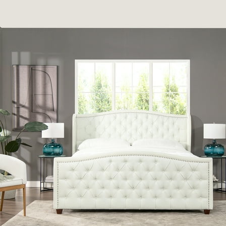 Upholstered Shelter Headboard King Bed In Fine Fabric, White Bed, , Strong Construction