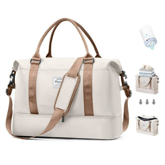 Vacuum Compression Weekender Bag for Women, Travel Vacuums Bag with Air Pump, Carry On Personal Item Bag for Travel, Vacuum Seal Duffel for Airlines Overnight Tote Bag with Storage Pockets Beige