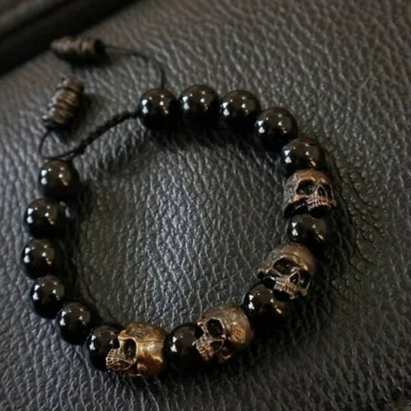 Vintage Black Skull Weave Bracelet for Men Punk Style Adjustable Wristband Gothic Biker Jewelry Rock Accessories Gift Idea