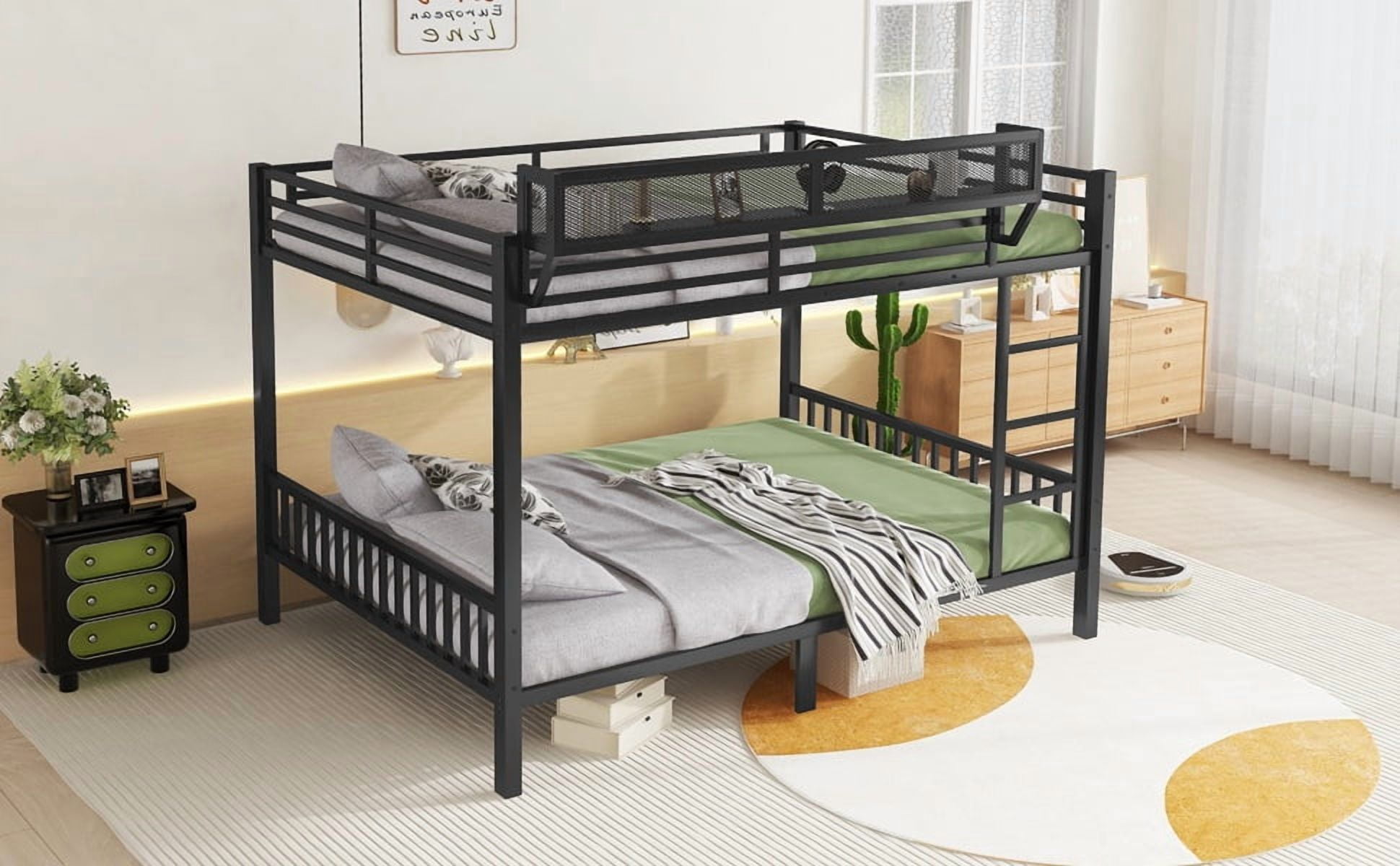 HOQBN Bunk Bed Queen over Queen,Heavy Duty Metal Bunk Bed Frame with Storage Shelf and Ladder,Black