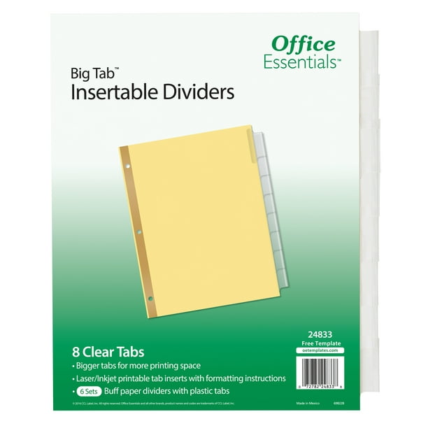 Office Essentials Big Tab Insertable Dividers, Buff, 8 Clear Tabs