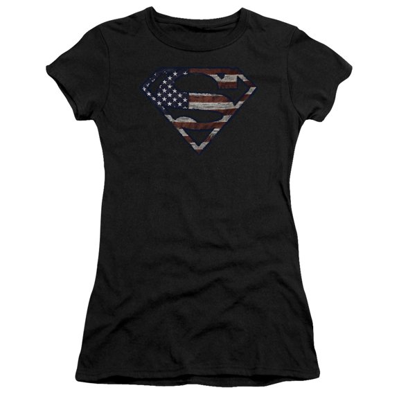 Superman Wartorn Flag Junior Women's T-Shirt Sheer Black