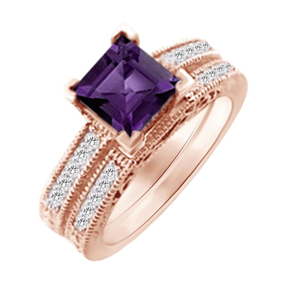 AFFY (2 cttw) Simulated Amethyst & White Natural Diamond Vintage Style Engagement Wedding Ring Set In 14k Rose Gold With Ring Size 4