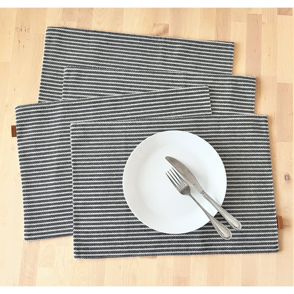 Fennco Styles Striped Two-Side Use Reversible Placemats 13" W X 19" L, Set of 4 - Grey Woven Table Mats for Home, Dining Table, Banquets, Holidays and Special Occasions