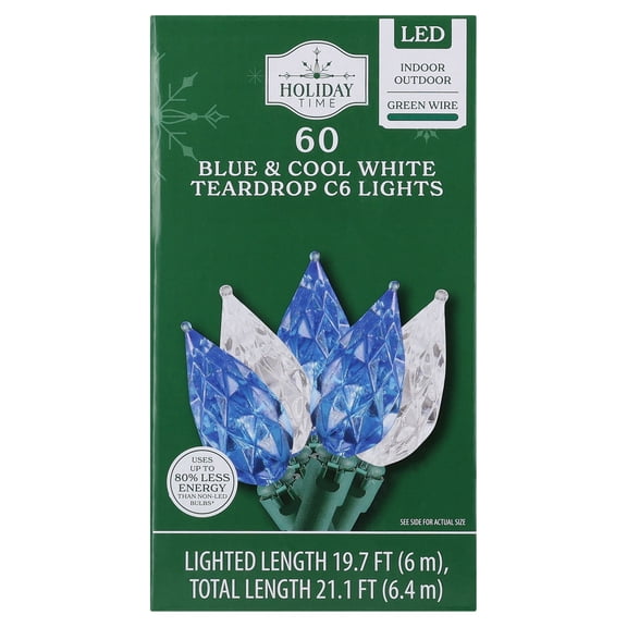 Indoor/Outdoor 60-Count LED Teardrop C6 Christmas String Lights, Blue and Cool White, Green Wire, 19.7', by Holiday Time