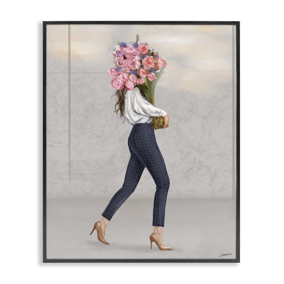 Stupell Industries Contemporary Metro Woman with Bouquet Black Framed Giclee Art, 11 x 14, by Ziwei Li
