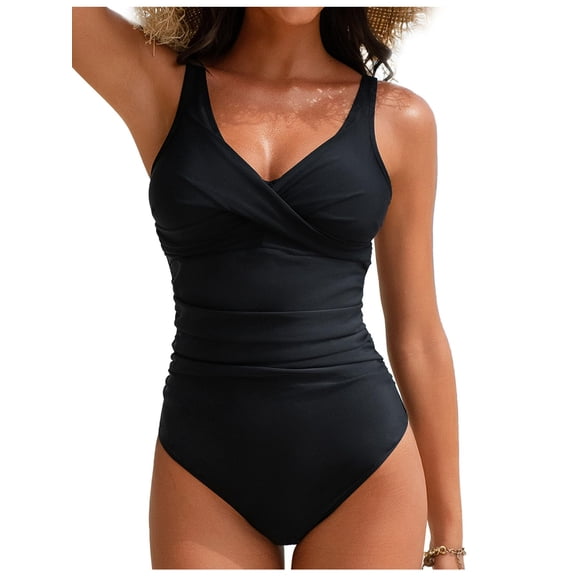 Women's One Piece Swimsuit, V-Neck Tummy Control Bathing Suit, Ruched Front Criss-Cross Padded Swimwear with Adjustable Straps and Low Back, Full Coverage UPF 30