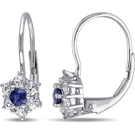 Tangelo 1 Carat T.G.W. Sapphire and White Sapphire 10kt White Gold Flower Halo Leverback Earrings
