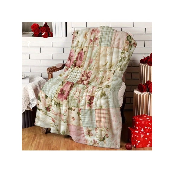 1pc Vintage Floral Patchwork Quilt Blanket - Soft Flannel All-Season Cozy Throw For Bed, Sofa, Camping & Travel - Pastel Pink Green Blue Beige Home Decor Gift