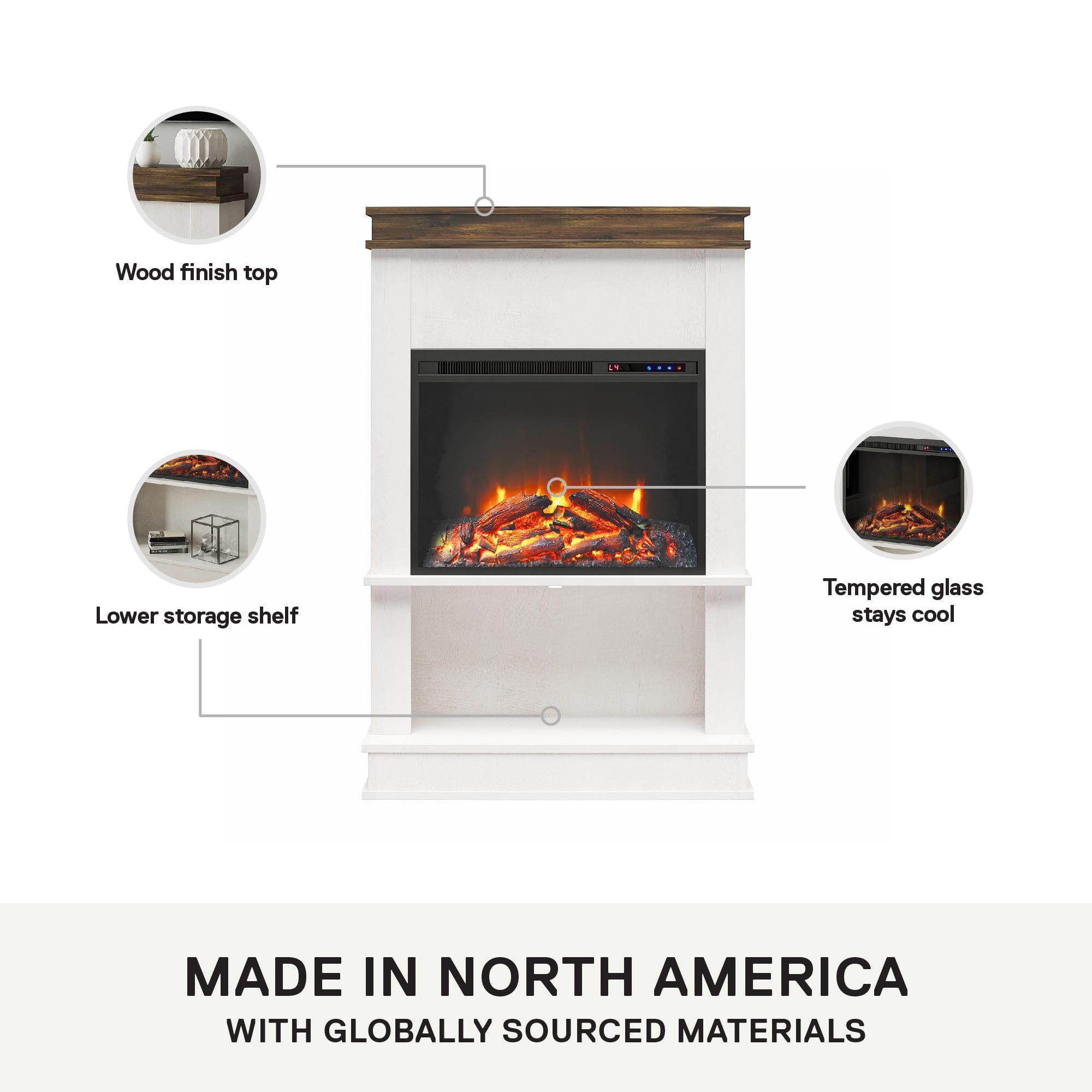 Mateo Electric Fireplace with Mantel and Open Shelf, Ivory Oak with Rustic