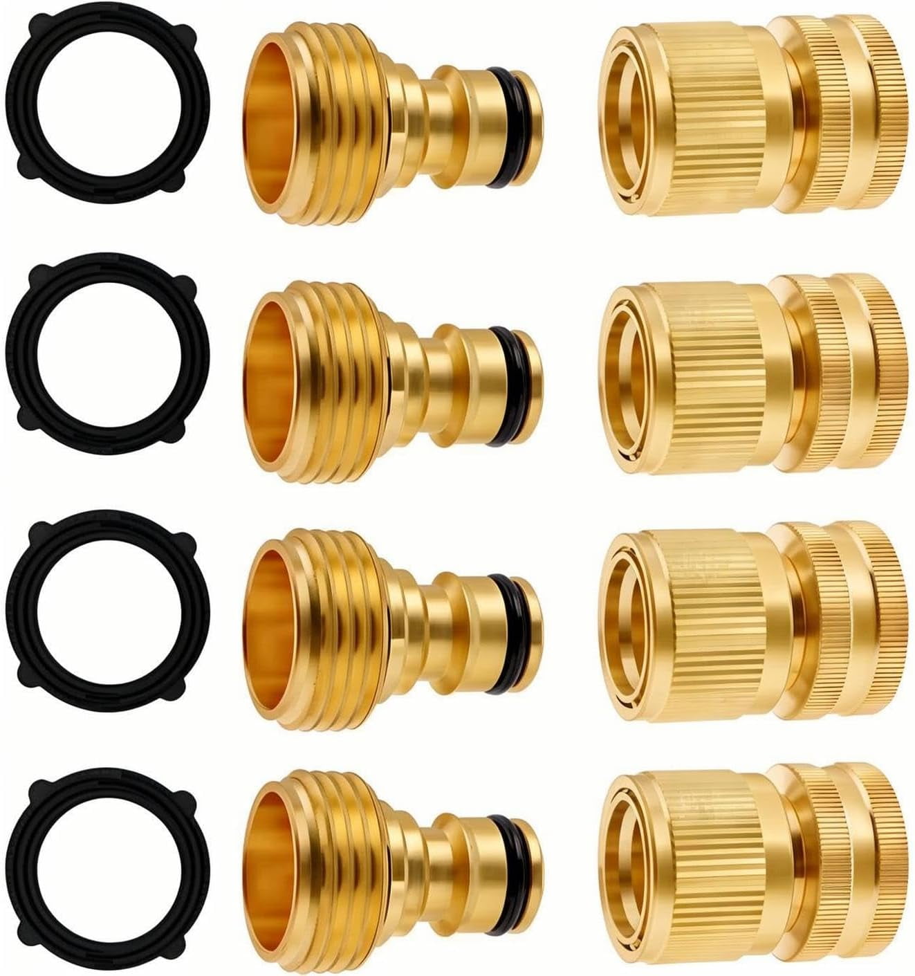HRTGFD-Garden Hose Quick Connector, 3/4 Inch GHT Thread Quick Connect Kit, 4 Sets Solid Brass Water Hose Fittings, No-Leak Water Hose Female Adapter and Male Adapter