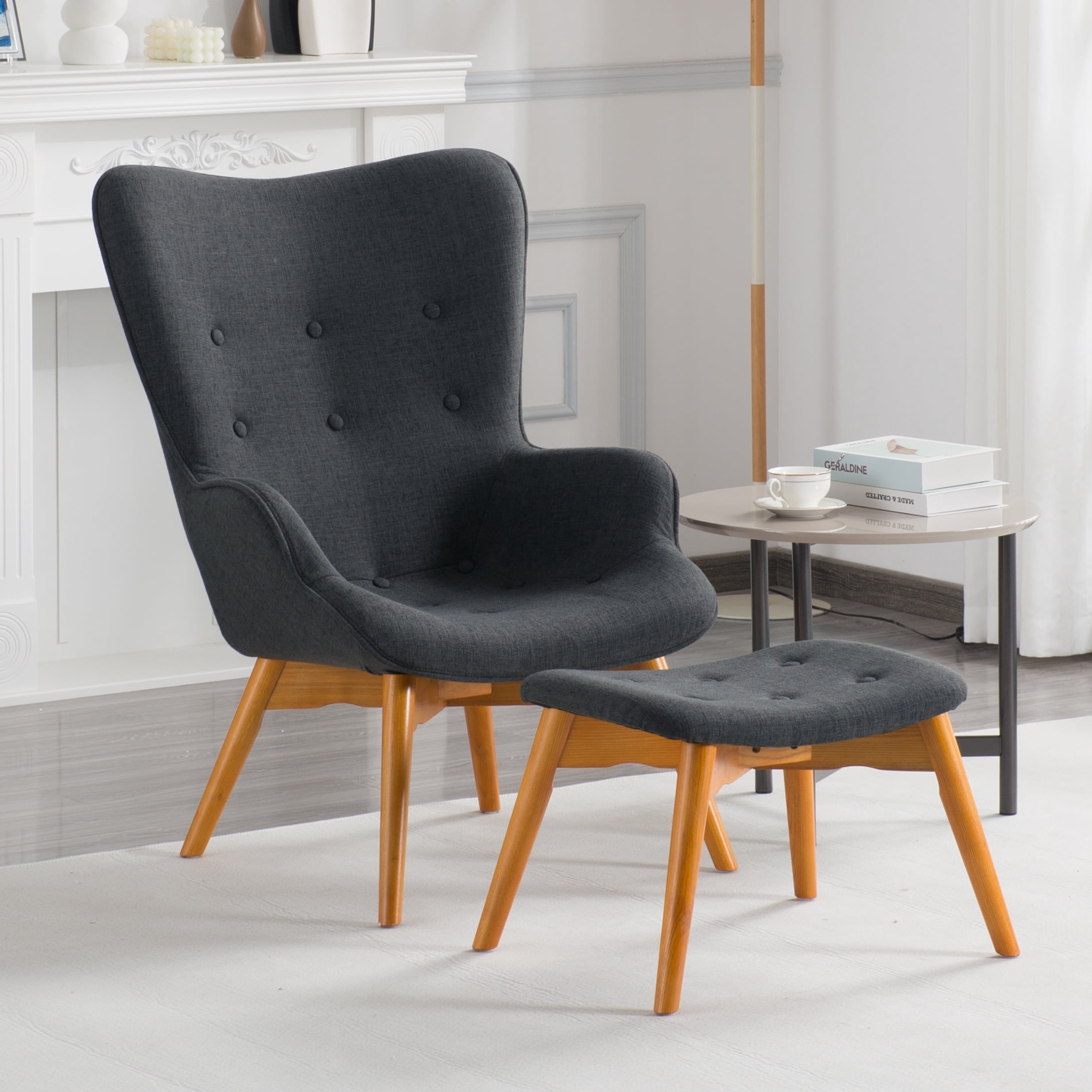 Gewnee 26.18”Comfy Accent Chair with Ottoman,Modern Reading Armchair - Solid Wood Frame,Lounge Chairt for Living Room,Bedroom,Home,Office.Gray