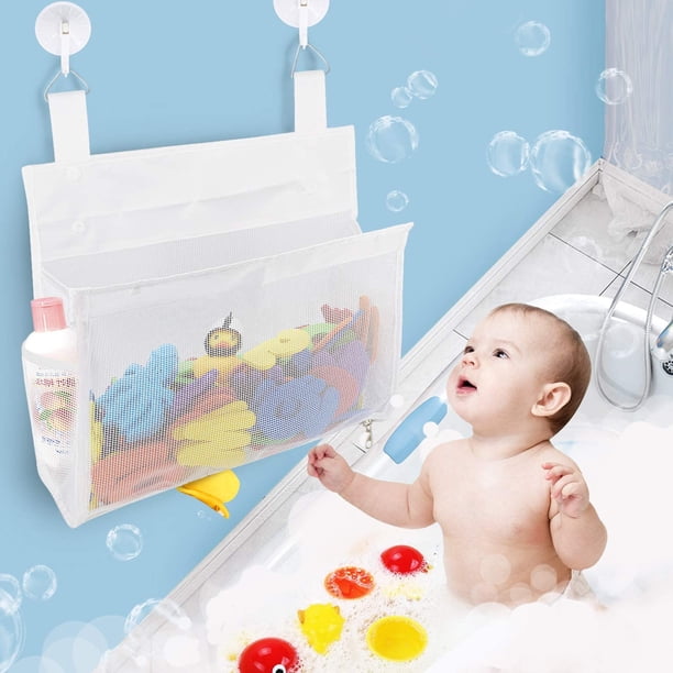 Organizador de juguetes de baño con cremallera inferior con 2 bolsillos laterales, organizador de juguetes de ducha de bañera de gran apertura con ganchos de succión y adhesivos, soporte de juguetes de bañera para sostener juguetes, pañales de bebé, ropa blanca BANYUO Electrónica