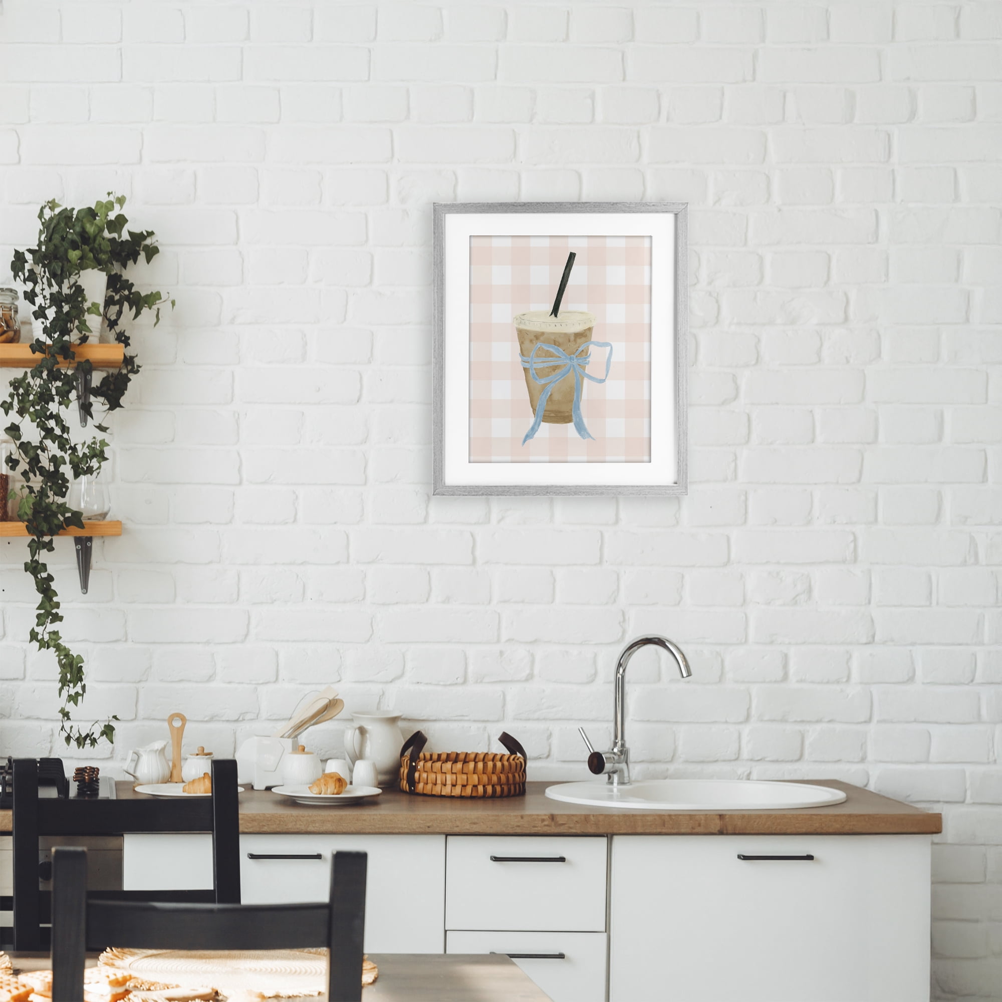 Stupell Industries Iced Coffee on Gingham Gray Framed Print Under Glass, design by Lucille Price