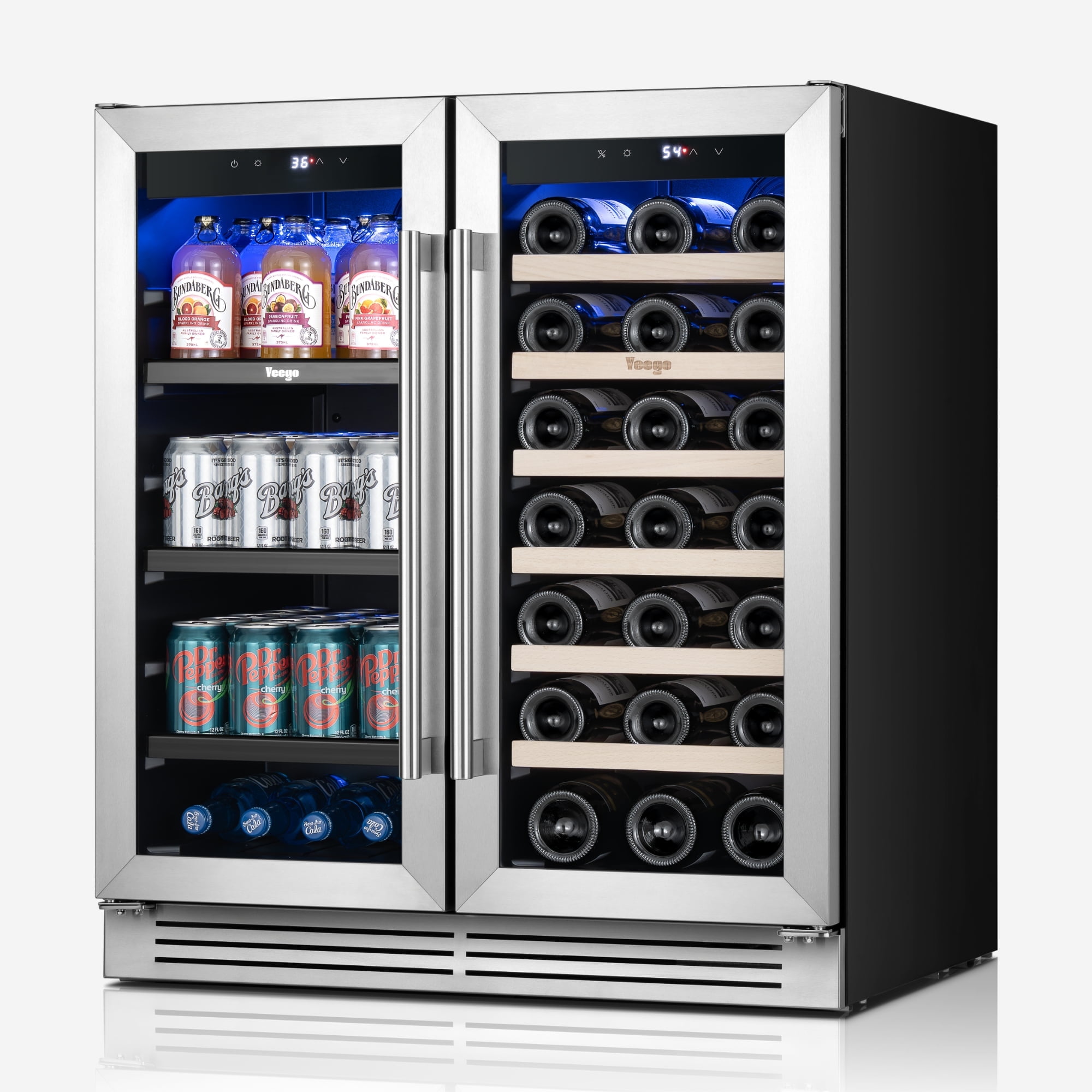 Yeego 30 inch Wine and Beverage Cooler Refrigerator, Hold 80 Cans and 33 Bottles Dual Zone Wine Fridge with French Door, Built-in or Freestanding