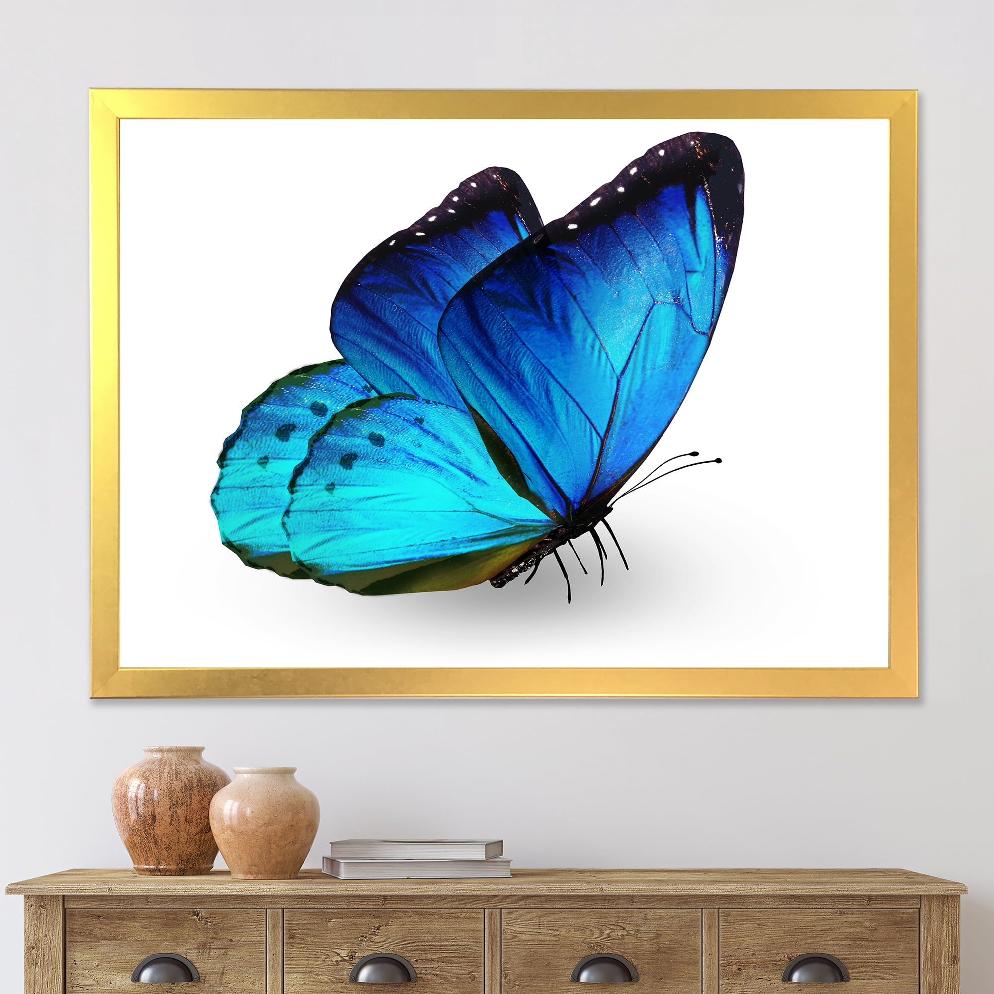 Designart 'Close Up Of Vibrant Blue Butterfly On White' Modern Framed Art Print