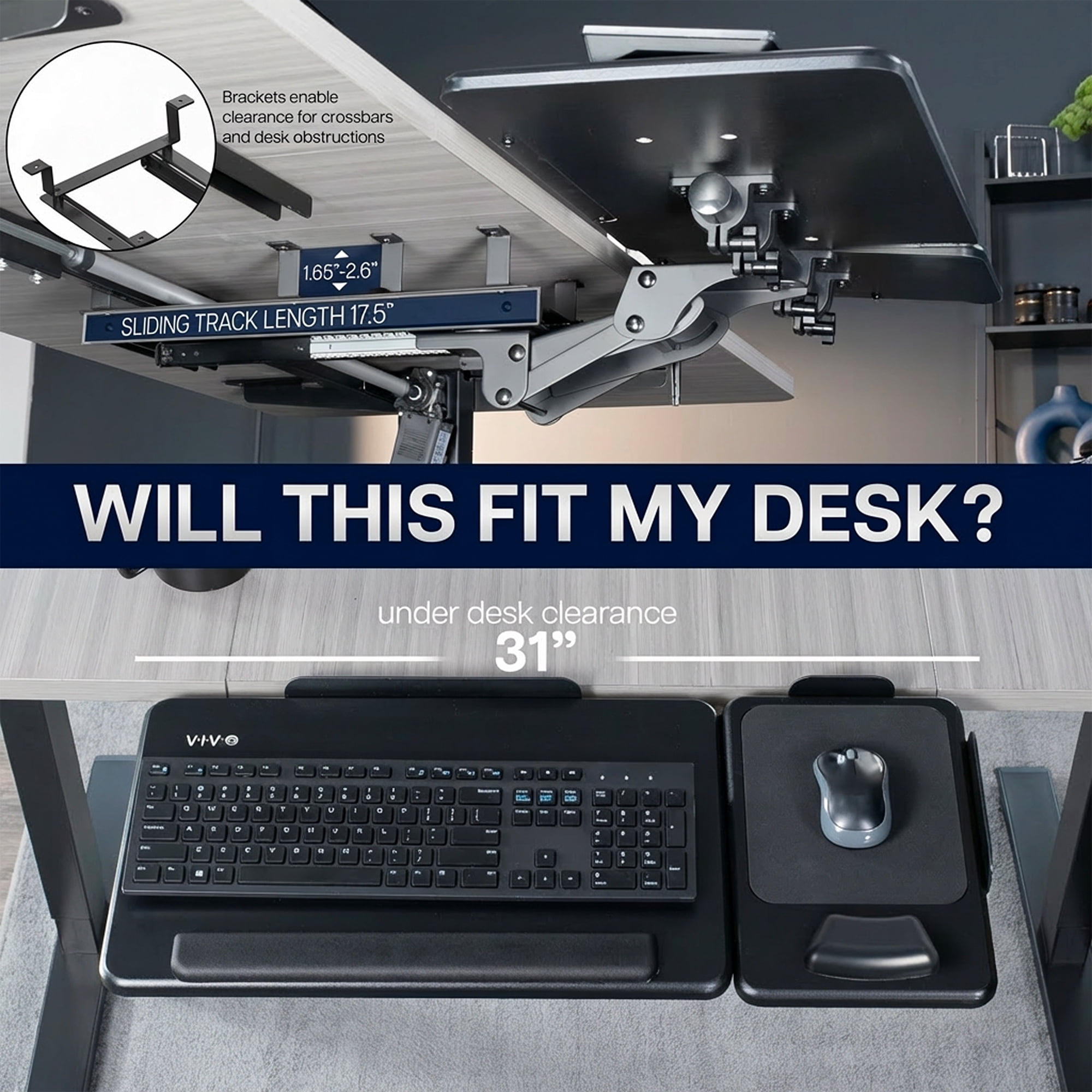 VIVO Black Under Desk 27" x 12" Tilting Keyboard Tray with Independent Mouse Pad